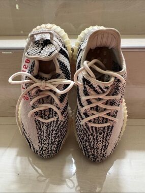 YEEZY Authentic Cream and Black Knit Low-Top Sneakers with Red Accents